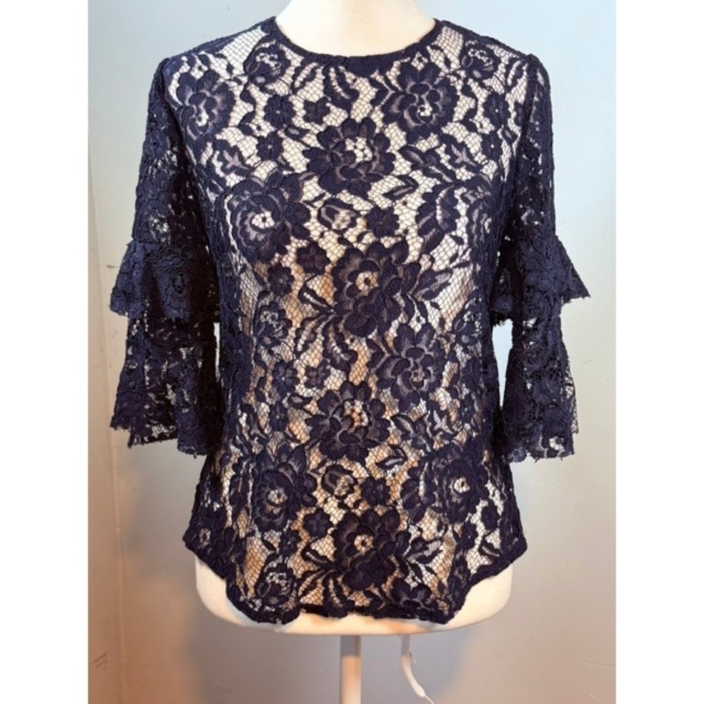 Reformation Marie Lace Top Size S Navy Ruffle Sleeve Keyhole Back Scalloped Hem